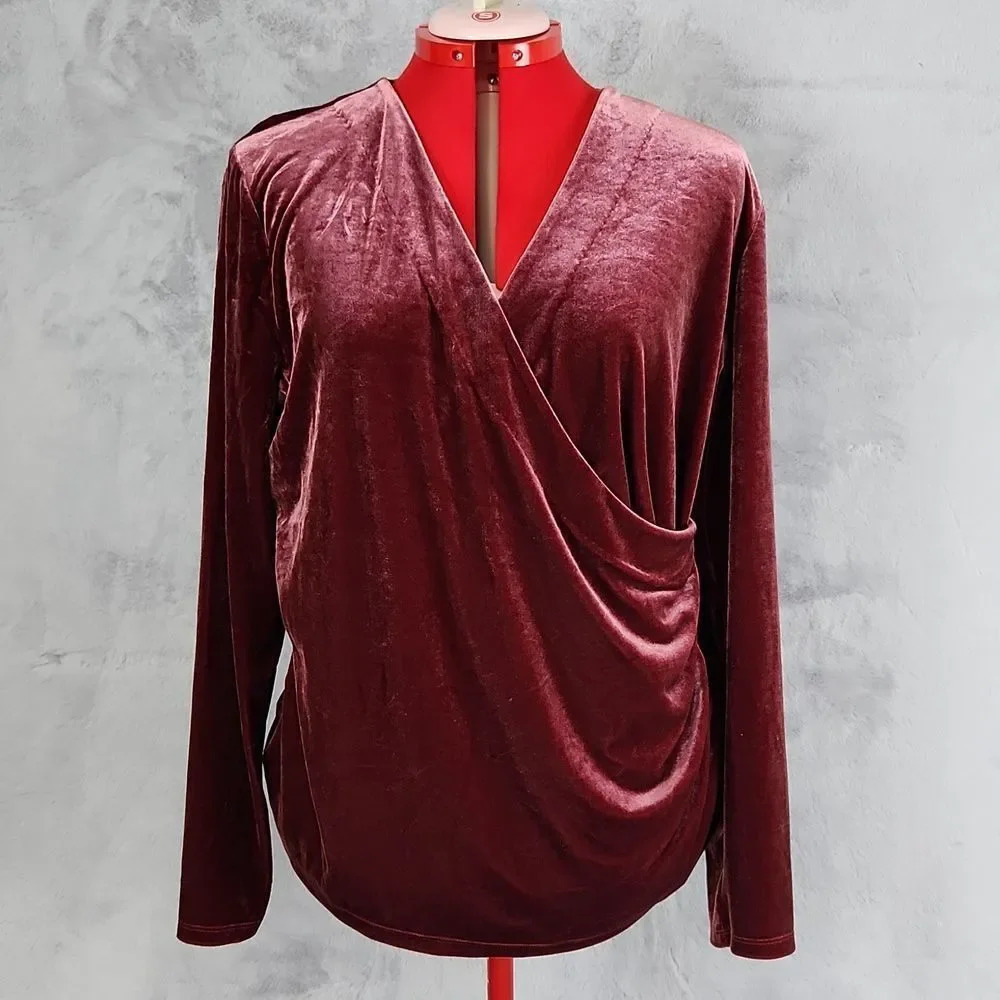Talbots Velvet Wrap Top XL Burgundy Long Sleeve Stretch Blouse Elegant Holiday
